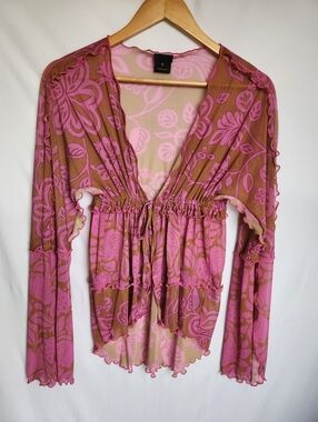 Ana Sui Pink And Tan Ruffled Mesh Open Top With Drawstring Size Small